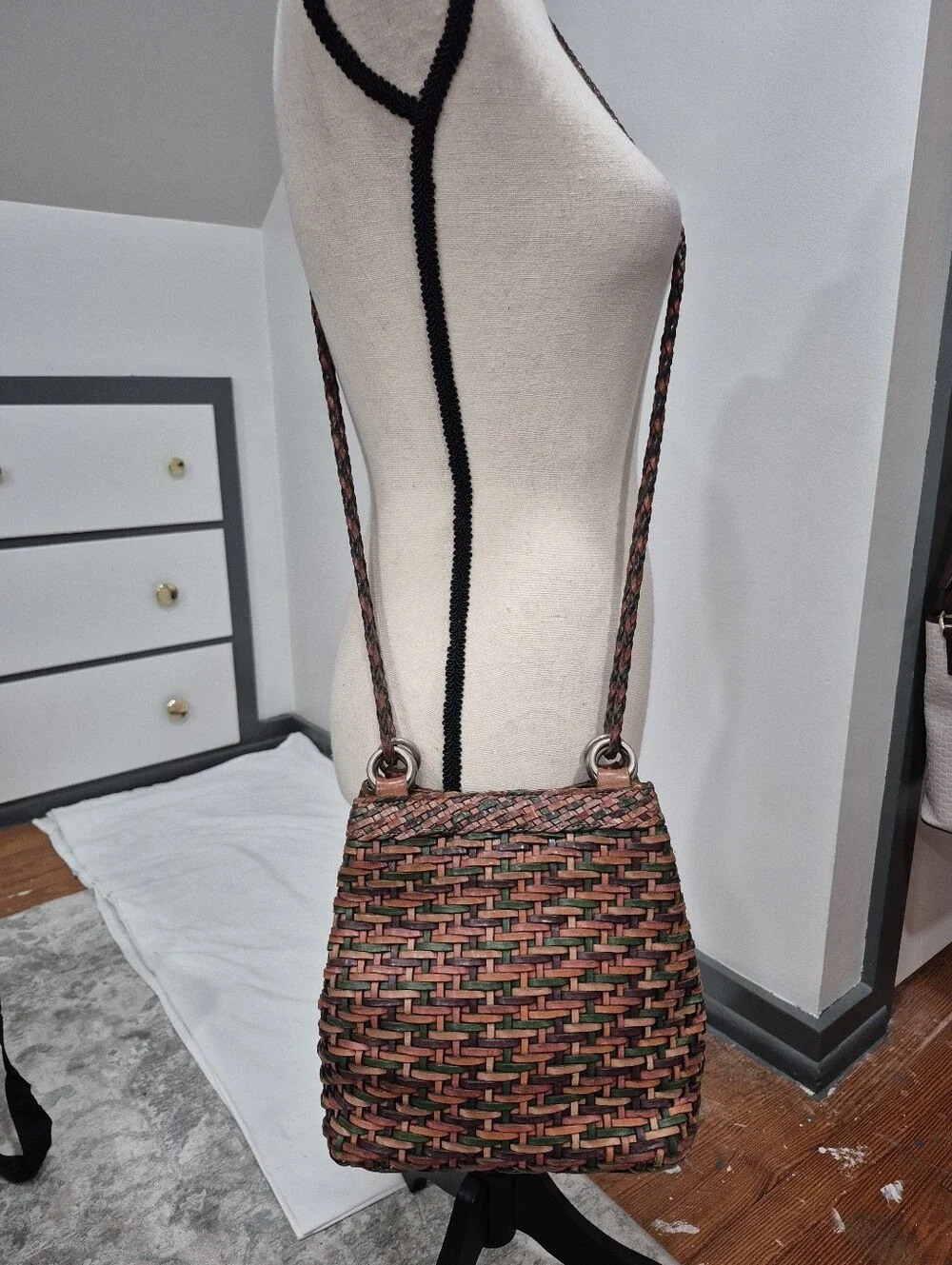 Vintage L.J.S Collection Leather Woven Sack Crossbody Purse